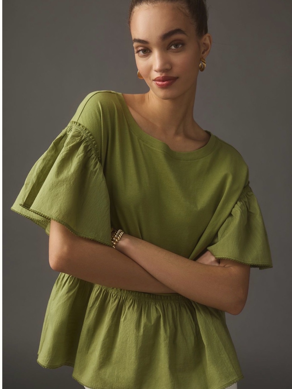 Anthropologie Olive Green Ruffle Peplum Tee